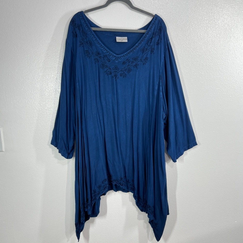 HolyClothing Tunic Womens 5X Blue Solid Embroidered Sharkbite Boho Renaissance‎